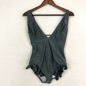 Cupshe Women's Size Small Dark Grey V-Neck Ruffle Trim Cutout One-Piece Swimsuit
